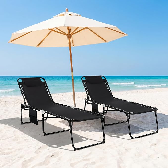 GYMAX Lounge Chairs for Outside, Extra High Folding Beach Tanning Lounger with Adjustable Backrest, Footrest & Removable Pillow, Sunbath Lounge for Patio, Lawn, Poolside (2, Black with Side Pocket)