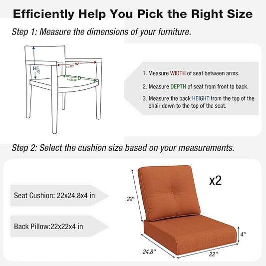 Joyside Outdoor Chair Cushions Set, 22x25/22x24 Inch Patio Furniture Deep Seat Cushions, Water Resistant & Thick Cushion, Outdoor Replacement Cushions for Seat and Sofa (Orange, 2 Set)