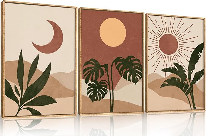 KAIRNE Vintage Sun and Moon Framed Canvas Wall Art Set,Boho Desert Botanical Wall Decor,Abstract Green Terracotta Art Prints,Retro Minimalist Artwork for Living Room,Bedroom,Farmhouse,Office-24"x36"x3