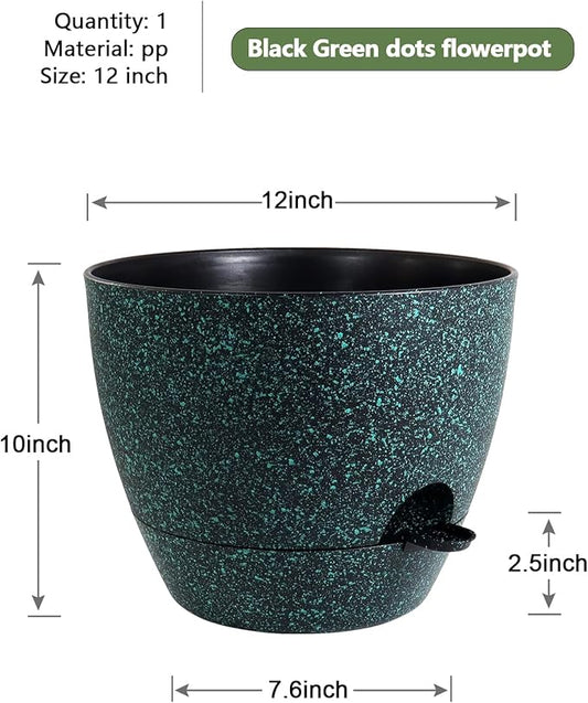 12 inch Large Self Watering Pots, Planter, Plant Pots with Mesh Drainage Holes for Indoor Outdoor House Plants and Garden, Plastic Flower Pots with Reservoir, Black with Green Speckles
