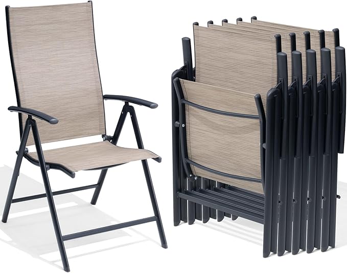 Crestlive Products Folding Patio Chairs Set of 6, 7-Level Adjustable Recliner Chairs Foldable Outdoor Lawn Chairs for Pool, Backyard, Brown