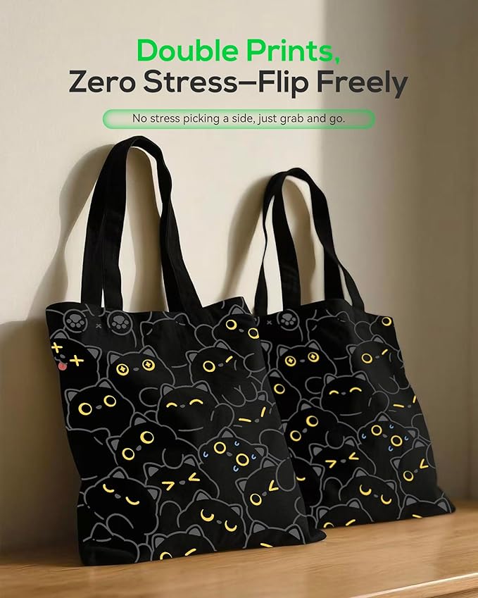 METALPHA Aesthetic Tote Bag for Women Girls - Resuable Double-Sided Printed Canvas Tote Bag with Snap Closure and Pocket