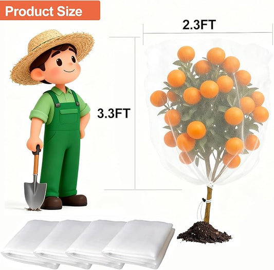 Garden Mesh Netting with Drawstring & Zipper,4PACK 2.3Ft x3.3 FT Mesh Netting Pest Barrier Protection Bird Mosquito Net Plants Cover for Patio Vegetable Plants Fruit Tree