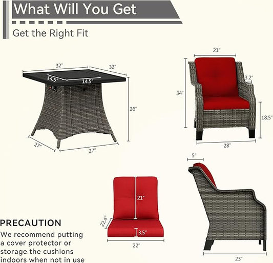 3-Piece Wicker Patio Furniture Set, 2 Armchairs and 1 Fire Pit, Conversation Set with Cushions, Red