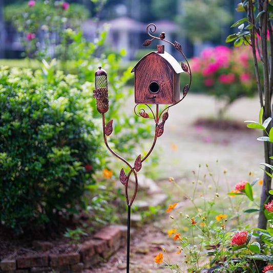 49" Bird Houses for Outside with Pole, Outdoor Metal Birdhouse with Mesh Feeder for Patio, Yard, Garden, Reddish Brown