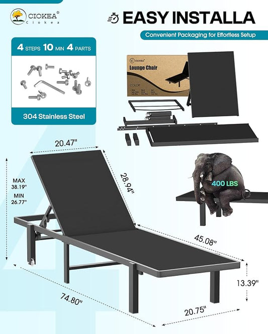 Ciokea Patio Chaise Lounge Chair Set of 2, Outdoor Lounge Chairs with Wheels, 5-Position Adjustable Sun Loungers for Pool, Deck, Beach, Black