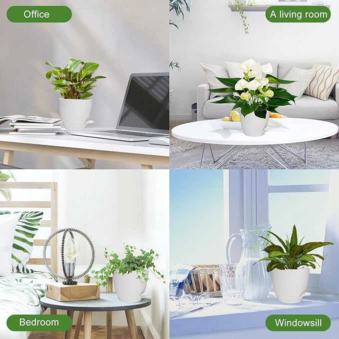 Planters for Indoor Plants, 8/7/6.5/6/5.5/5 Inch Self Watering Planters with Drainage Hole, Plastic Planters Flower Pots for Indoor Outdoor Plants (Matte White)
