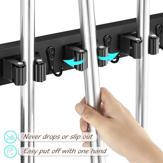 OUTNILI 2 Pack Black Mop Broom Holder Wall Mount - Wood Broom Mop Hanger - Wall Mounted Garden Tool Rack Organizer for Closet Garage Laundry Room, 4 Slots & 4 Hooks