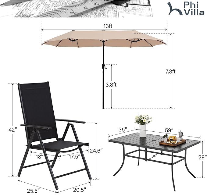 PHI VILLA 7 PCS Patio Dining Set with Umbrella, Outdoor Dining Set with 6 Adjustable Folding Patio Chairs(Black) & Beige Patio Umbrella for Backyard
