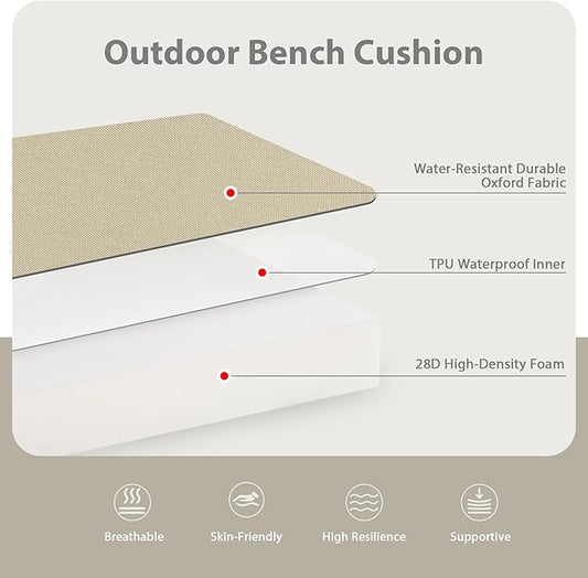 Favoyard Outdoor Bench Cushion 48 x 18 Inch Waterproof Patio Furniture Cushions 3-Year Color Fastness Garden Sofa Settee Couch Swing Pads with Handle and Attach Ties, Beige