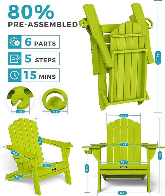 Adirondack Chairs Set of 4, Foldable Adirondack Chairs with 2 Cup Holder, Wood Texture HDPE Fire Pit Chairs, Outdoor Lawn Chair for Patio Garden, LemonGreen