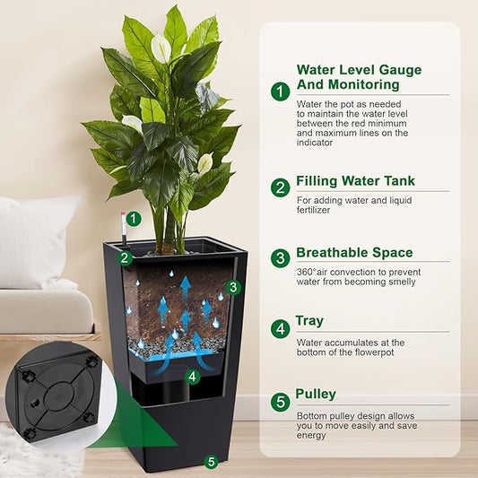 Garvee 30" Tall Planters Set of 2, Outdoor&Indoor Black Planter Pots, High Front Porch Planter Pots with Drainage Holes&Water Level Monitor&Inner Bucket,Black