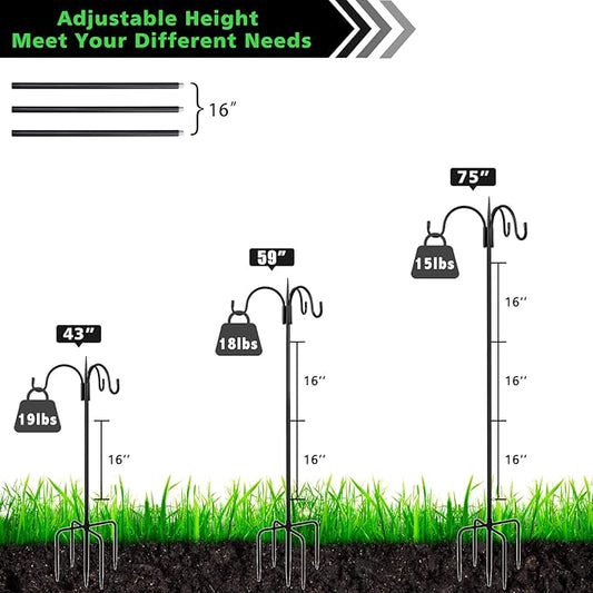 FEED GARDEN Heavy Duty Shepherds Hook 76" Triple Hooks - Metal 5-Prong Base, Adjustable (44/60/76") - 17lb Capacity Bird Feeder Pole for Hanging Plants, Solar Lanterns, Wind Chimes, 1 Pack