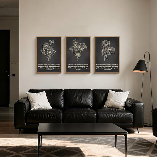 FWIEXA Black Christian Bible Verse Canvas Wall Art Set of 3, Easter Minimalist Scripture Wall Decor, Religious Beige Abstract Floral Painting, 24x36In Vintage Artwork for Living Room,Bedroom,Prayer Room