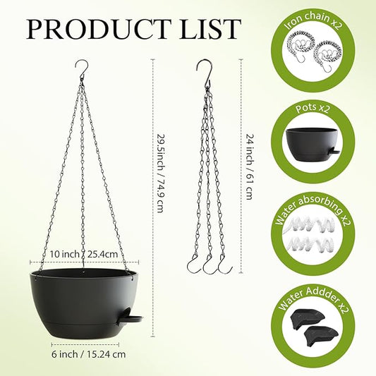 10 Inch Hanging Baskets 2 PC with Chains, Self-Watering Hanging Planters for Indoor Outdoor Plants, Plastic Hanging Flower Pots,Black
