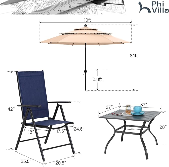 PHI VILLA 5 Pcs Outdoor Patio Dining Set with 10 Ft Umbrella(Beige), Patio Table and Chairs Set for 4 with Folding Patio Chairs (Blue) & Square Metal Outdoor Dining Table for Yard, Lawn and Outside