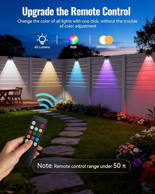 Solar Fence Lights Outdoor with Remote 4 Pack, Warm/Cool White & RGB 12 Modes, Deck Lights Solar Powered Waterproof, Backyard Lights for Step Stairs Railing Balcony Patio Decor