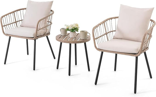 NUU GARDEN 3-Piece Patio Bistro Set, Slatted Metal Side Table and 2 Wicker Chairs with Cushions, PE Wicker Outdoor Furniture Conversation Set for Porch, Backyard, Lawn, Poolside, Deck, Beige