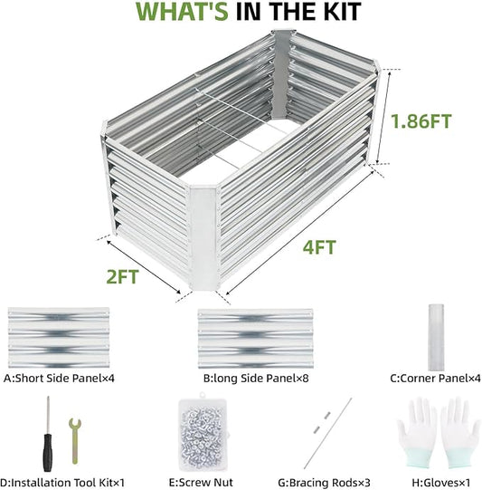 4x2x2ft (2 Pack) Raised Garden Bed - Galvanized Deep Root Planter Boxes Outdoor with Wing Nuts and Safety Edges for Gardening Vegetables, Flowers, Herbs, Succulents - Silver