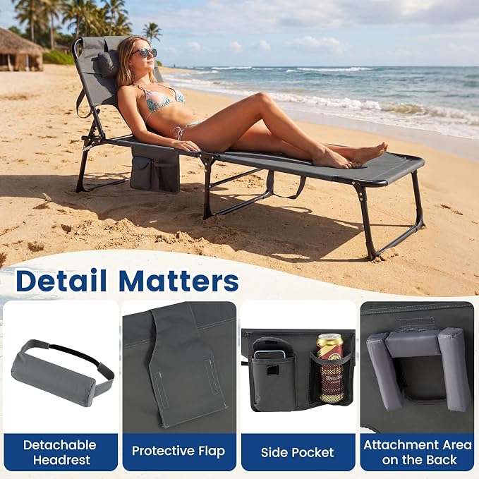 COSTWAY Tanning Chair with Face Hole, Folding Beach Lounge Chair with 4-Position Adjustable Backrest, Pillow & Side Pocket, Foldable Chaise Lounge Chair Outdoor for Sunbathing, Camping (2, Grey)