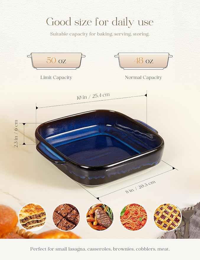 8x8 Baking Pan Ceramic Square Baking Dish with Handle for Brownie 48oz Blue | Deep for Brownie, Lasagna, Roasting and Great for Kitchen Decor