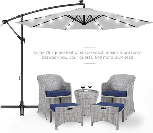 Best Choice Products 10ft Solar LED Offset Hanging Market Patio Umbrella for Backyard, Poolside, Lawn and Garden w/Easy Tilt Adjustment, Polyester Shade, 8 Ribs - Fog Gray