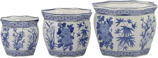 Galt International Blue & White Round Fluted Floral Palm Lotus Porcelain Ceramic Plant Flower Planter Pot Set of 3 (7.5", 10", 13") Garden Pots Chinese Asian Design