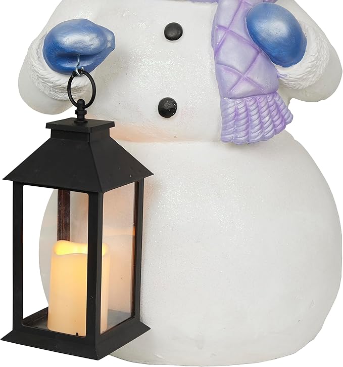 Alpine Corporation SKY562L-TM Lavender Winter Snowman Holding Lantern Statue with Warm White Flashing LED Candle, 3 Feet Tall, Indoor/Outdoor Holiday Decoration
