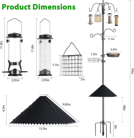 Bird Feeding Station Kit, 94 Inch, 6-Hook, with Squirrel Baffle, Metal Birds Feeder Stand Pole with Bird Bath and Mesh Tray, Freestanding 5-Prong Base