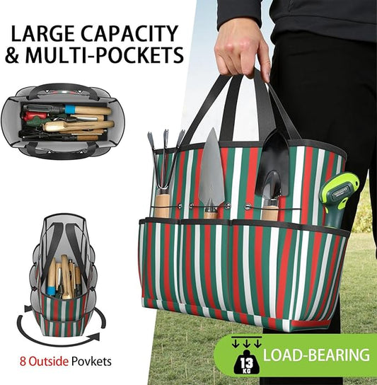 Classic Checkered Garden Tool Bag - Waterproof Garden Tote with 8 Pockets, Large Storage Home Organizer Gardening Tool Oxford Bag for Garden Tools Kits Holder, Gardening Gift for Women & Men