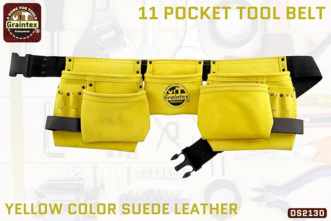 Graintex DS2130 11 Pocket Yellow Color Suede Leather Tool Belt/Tool Bag/Work Apron, 2 Hammer Loops, Adjustable Belt | Construction, Carpenter, Roofing, Drywall, Electrician, Gardening, DIY