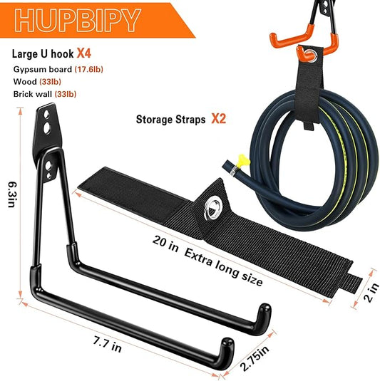 HUPBIPY Heavy Duty Garage Hooks 4 Pack, 7.7 inch U Shaped Long Hanger, with 2 Extension Cord Holder Organizer, Wall Mounted Storage System, for Power and Garden Tool Hanging, Ladders, Bikes, Hose