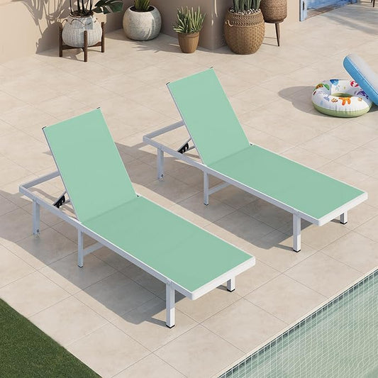 Pool Lounge Chairs, Chaise Lounge Outdoor with Wheels and 5-Position Recliner -Easy to Move- Aluminum Patio Lounge Chair for Poolside, Deck (LightGreen)