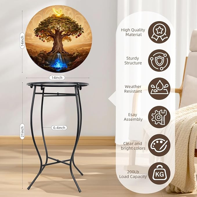 Metal Round Side Table, 21 Inch Tall Indoor Outdoor Side Table, Weather Resistant Patio Table for Porch Yard Balcony, Easy Assembly
