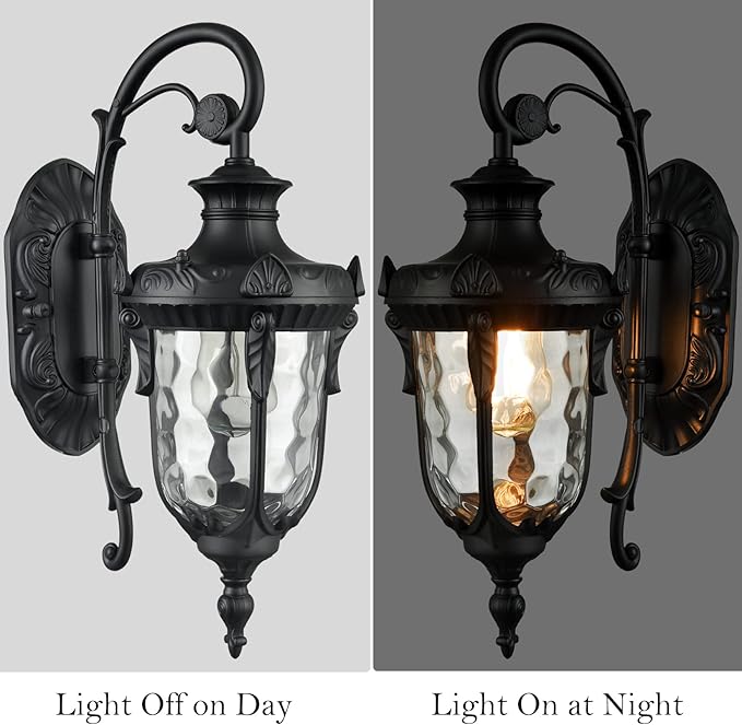 SAMTEEN Black Outdoor Wall Light Fixtures Modern Farmhouse 1-Light Outdoor Wall Sconce with Hammered Glass Wall Lantern Light for Porch Garage Courtyard, 16-Inch