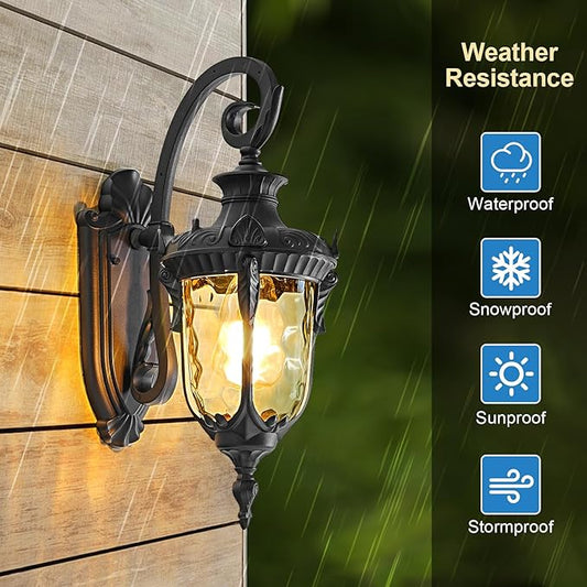 Outdoor Wall Lights, Waterproof Aluminum Porch Wall Light for Outside House, Patio, Yard, Garden, Black Gooseneck Exterior Wall Sconce, Hardwired Outdoor Acorn Shape Lantern Lamp, Water Ripple Glass