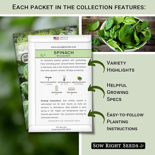 Sow Right Seeds - Large Greens Seed Collection for Planting - Spinach, Arugula, Kale, Lettuce, Tat SOI, Pak Choi and Rainbow Swiss Chard - Non-GMO Heirloom - Plant and Grow a Home Vegetable Garden