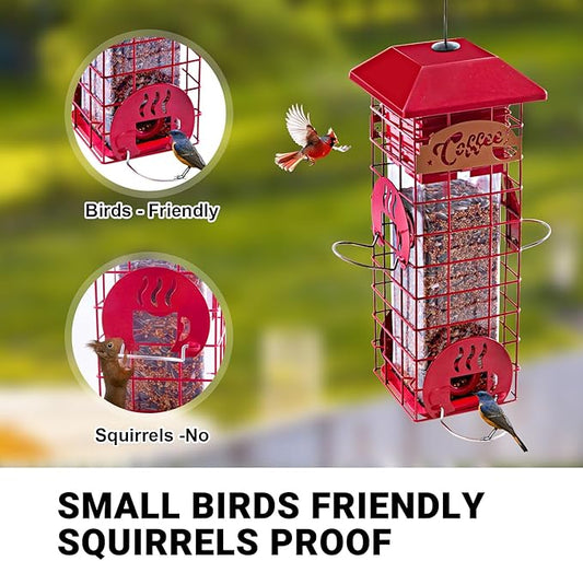 Squirrel Proof Bird Feeders for Outdoors Tube Metal Mesh Hanging Bird Seed Feeder for Outside Pole Weight -Activated & 4 Adajustable Perschs 2.2 lbs Capacity (Red)