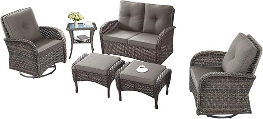 6 Pieces Patio Wicker Furniture Set-Outdoor Swivel Chairs Set of 2 Outdoor Glider Love seat with Outdoor Footstool Patio Furniture for Deck Porch Garden Balcony Poolside-Brown/Grey