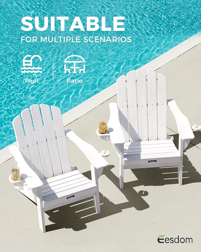 Folding Adirondack Chair,All-Weather HDPE Fire Pit Chair with 2 Cup Holders, Plastic Outdoor Chair for Patio Deck Garden Lawn, White
