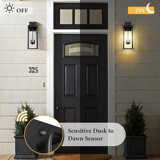Dusk to Dawn Outdoor Wall Sconce Lights, 20 Inch Tall Transitional Exterior Wall Lighting with Clear Glass, Anti-Rust Powder Coat Black Modern Outside Lantern for Front Porch, DDRZ008M-2 BK