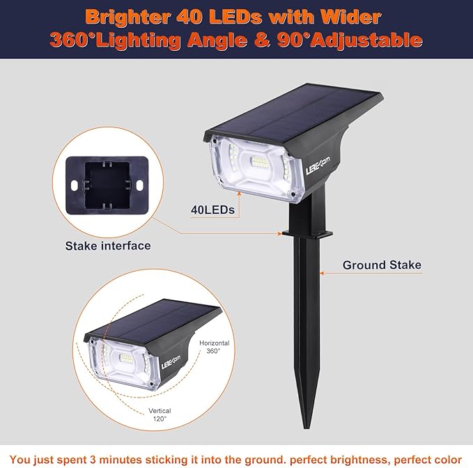 LEREKAM 40 LEDs Spotlights,IP65 Waterproof Solar Powered Landscape Spotlights 2-in-1 Wall Light, Outdoor Landscaping Lights Auto On/Off for Yard Garden 2Pack Warm-White