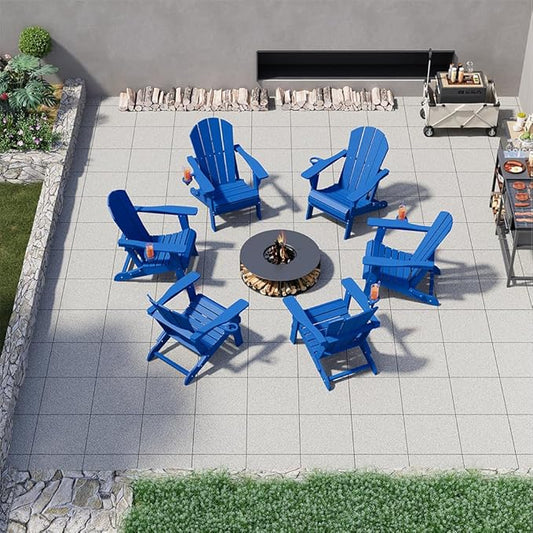 Folding Adirondack Chairs with Cup Holders, Set of 6 HDPE Plastic Outdoor Chairs, Weather Resistant, Real Wood Look, Heavy-Duty Patio Furniture for Deck, Fire Pit, Backyard, Blue