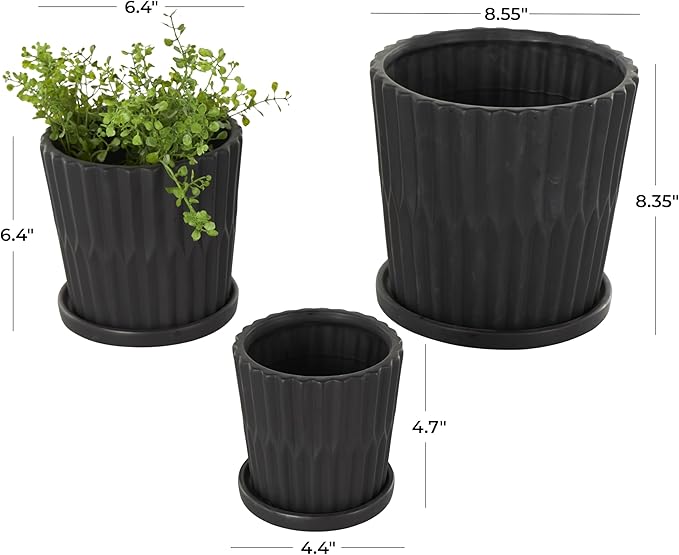 Deco 79 Ceramic Indoor Outdoor Planter Ribbed Large Planter Pot with Attached Saucer, Set of 3 Planters 8",6",5" H, Black