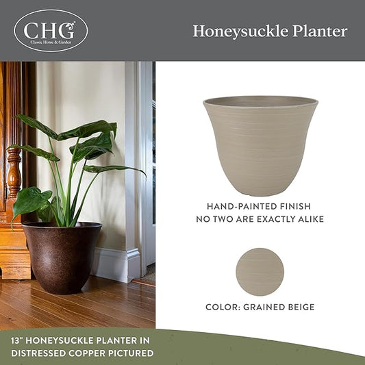 Classic Home and Garden by Growscape Honeysuckle Resin Planters - Lightweight Indoor & Outdoor Plant Pots - UV-Resistant Plastic Flower Pots - Pot Planters for Flowers & Herbs (15" Grained Beige)