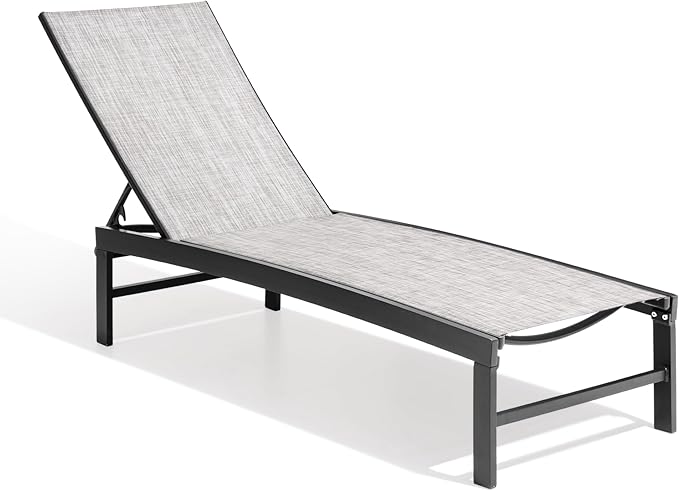 Crestlive Products Outdoor Aluminum Pool Chaise Lounge Chairs, Adjustable Five-Position Tanning Recliner, All Weather for Patio, Beach, Yard, Pool (1PC Grey Black)