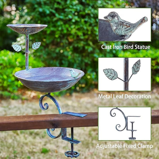2 in 1 Bird Bath for Deck Railing and Balcony, Bird Feeders for Outdoors with Heavy Duty Clamp, Unique for Outside and Blue Birdfeeder Suitable for Garden Porch Backyard