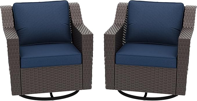 Patio 2 Pieces Wicker Swivel Chairs Set of 2,Outdoor PE Rattan Rocking Glider Armchairs, Water-Resistant Cushions with Removable and Washable Covers, Porch, Balcony, Sunroom (Navy Blue)