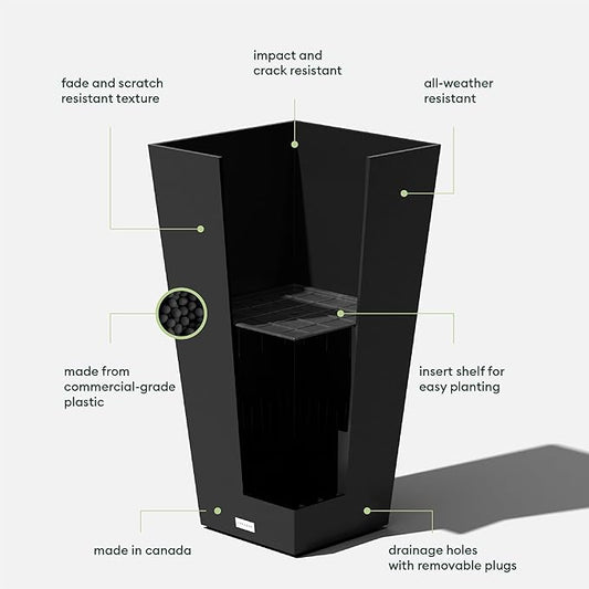 Veradek V-Resin Indoor/Outdoor Taper Planter (Black, 30 inch - 2 Pack with 2 Saucer Trays)