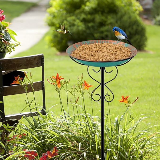 Metal Outdoor Bird Bath,Standing BirdBath & Bird Feeder with Stake Cast Iron Bird Baths Bowl for Outside Garden Patio Yard Lawn Decor